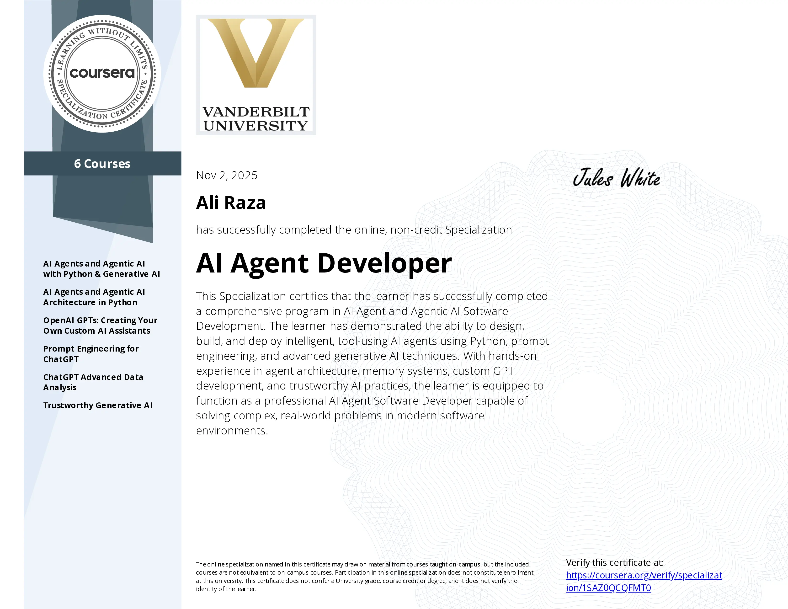 AI Agent Developer Specialization certificate